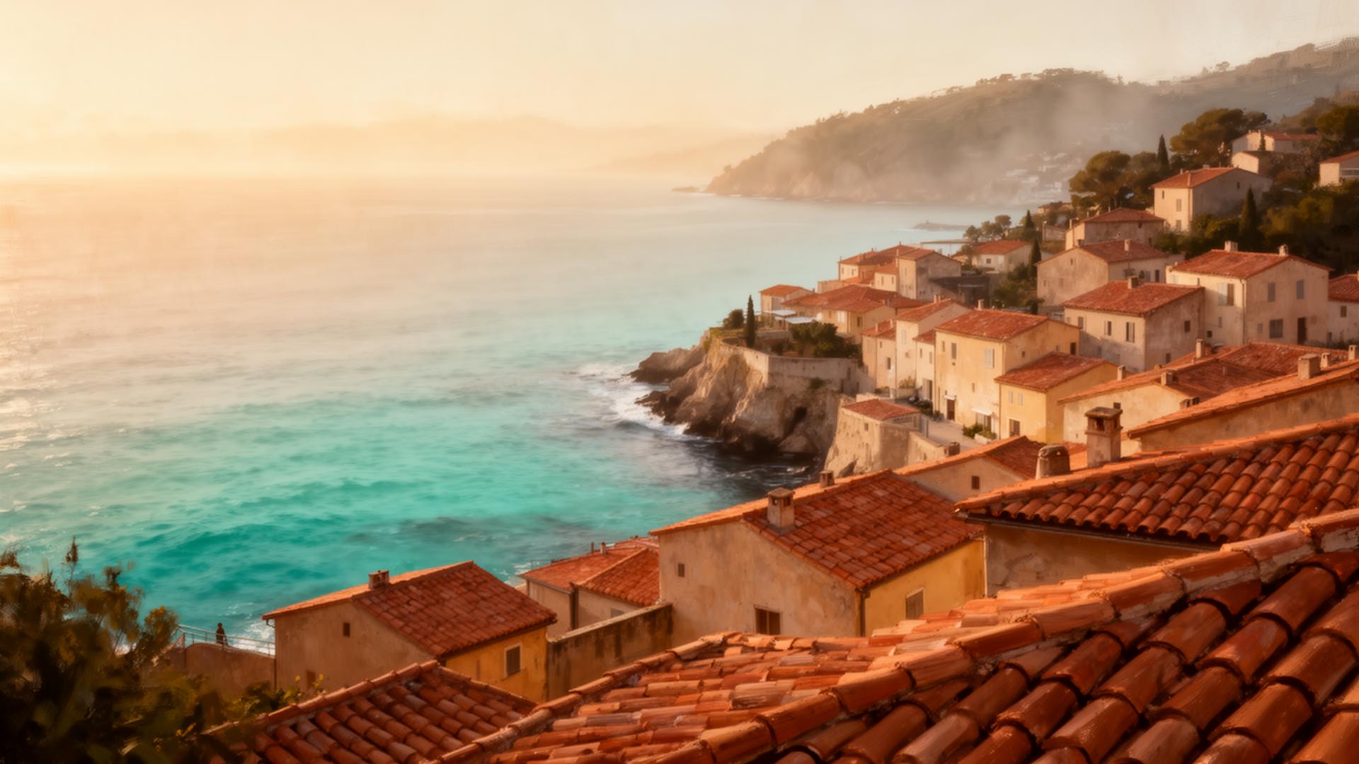 Mediterranean coastal village at golden hour